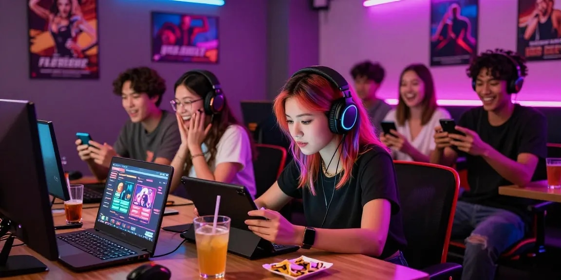Exciting scene showcasing diverse players enjoying free porn games in a vibrant gaming lounge.