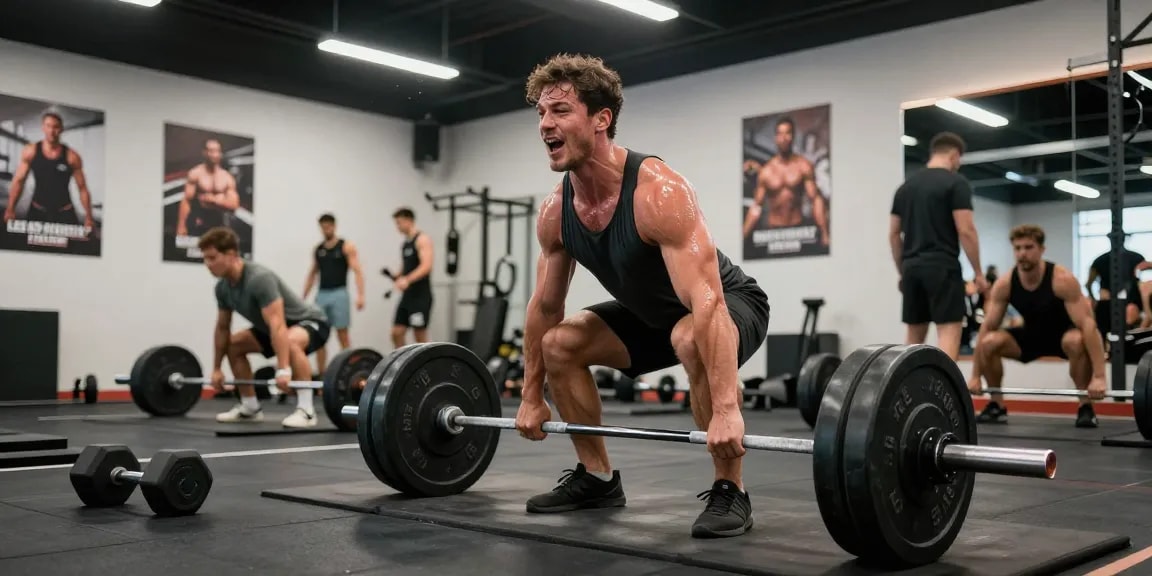 Unique Pharma Steroid Shop showcasing dedicated bodybuilder during intense deadlift workout in a vibrant gym setting.