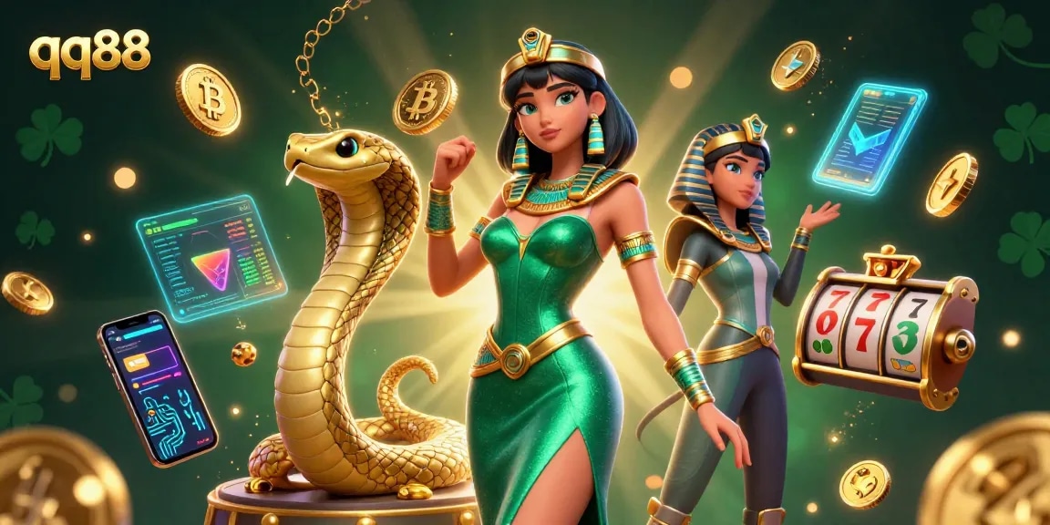 Engage with qq88 casino action featuring a glamorous woman and golden cobra amidst vibrant gaming elements.
