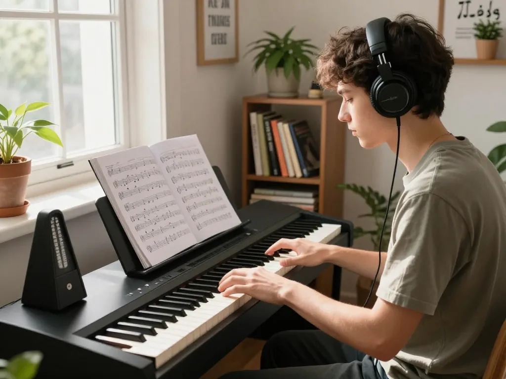 A person practicing scales on the go 88 digital piano in a bright home studio.