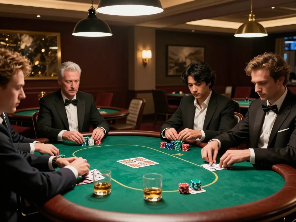 Engaging scene showing players immersed in a high-stakes NSFW game of poker with colorful chips and focused expressions.