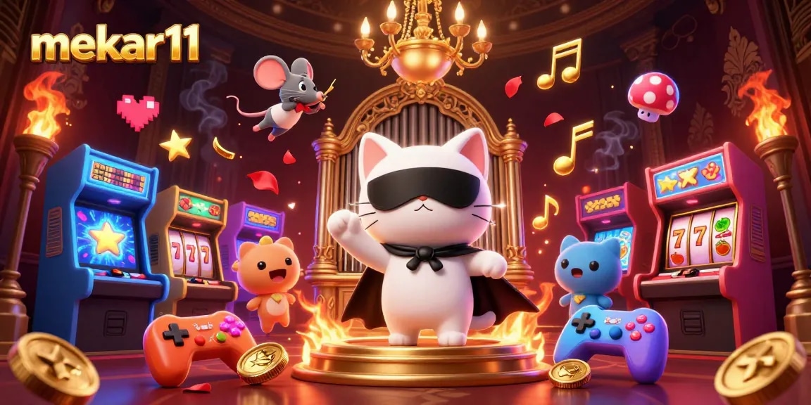Mekar11 showcases vibrant casino excitement with a phantom cat at a pipe organ, surrounded by arcade games.