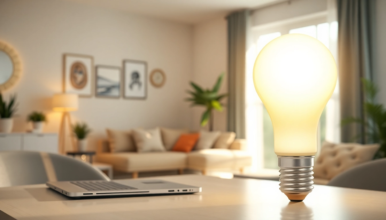 Capture the brilliance of led a19 bulb illuminating a stylish modern workspace.