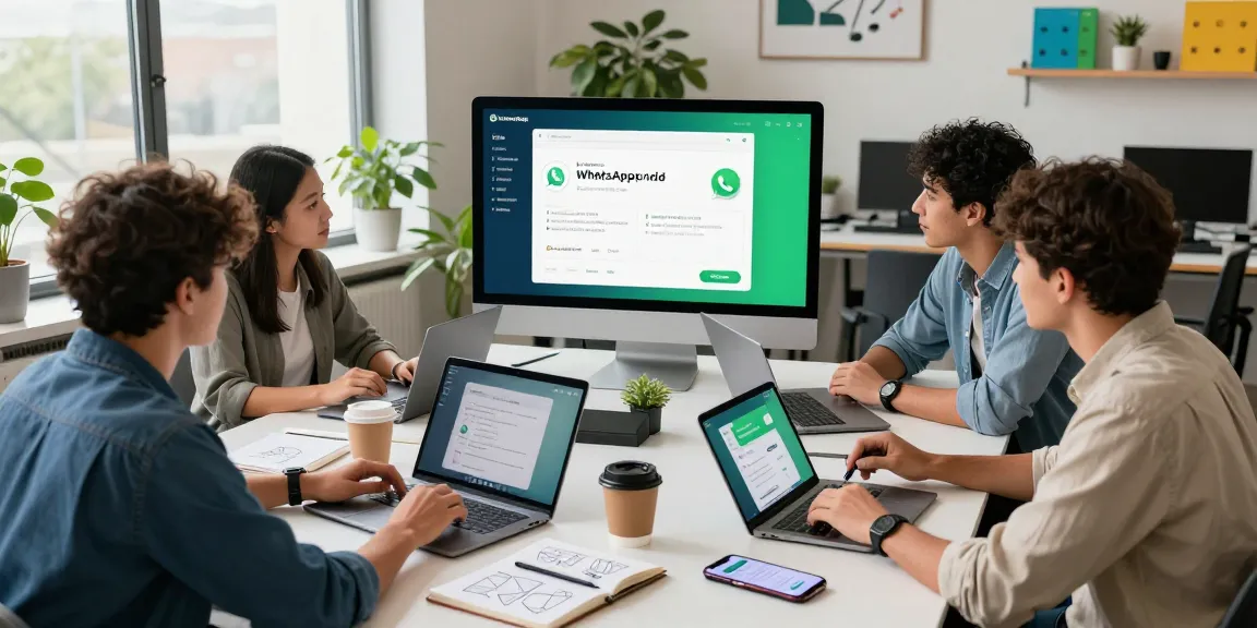 Developers discussing WhatsApp電腦版 features in a modern office setting.