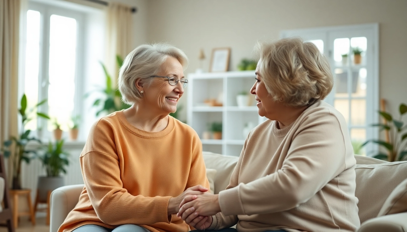 Providing in home respite care with a caregiver supporting an elderly individual in a cozy living room.