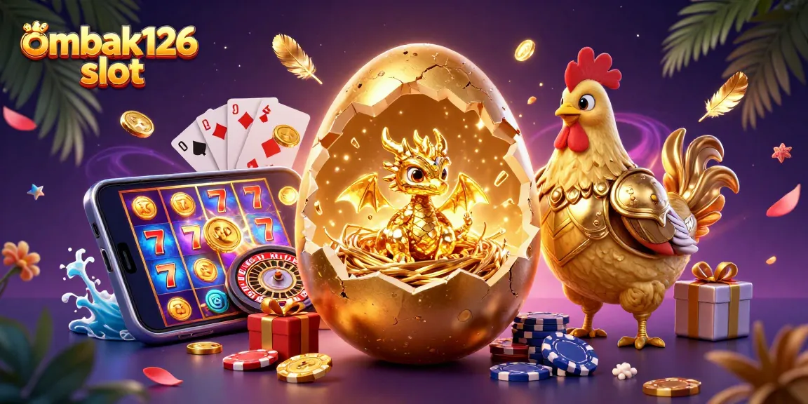 Experience the thrilling ombak126 slot with a vibrant illustration showcasing exciting casino elements including poker chips and spinning reels.