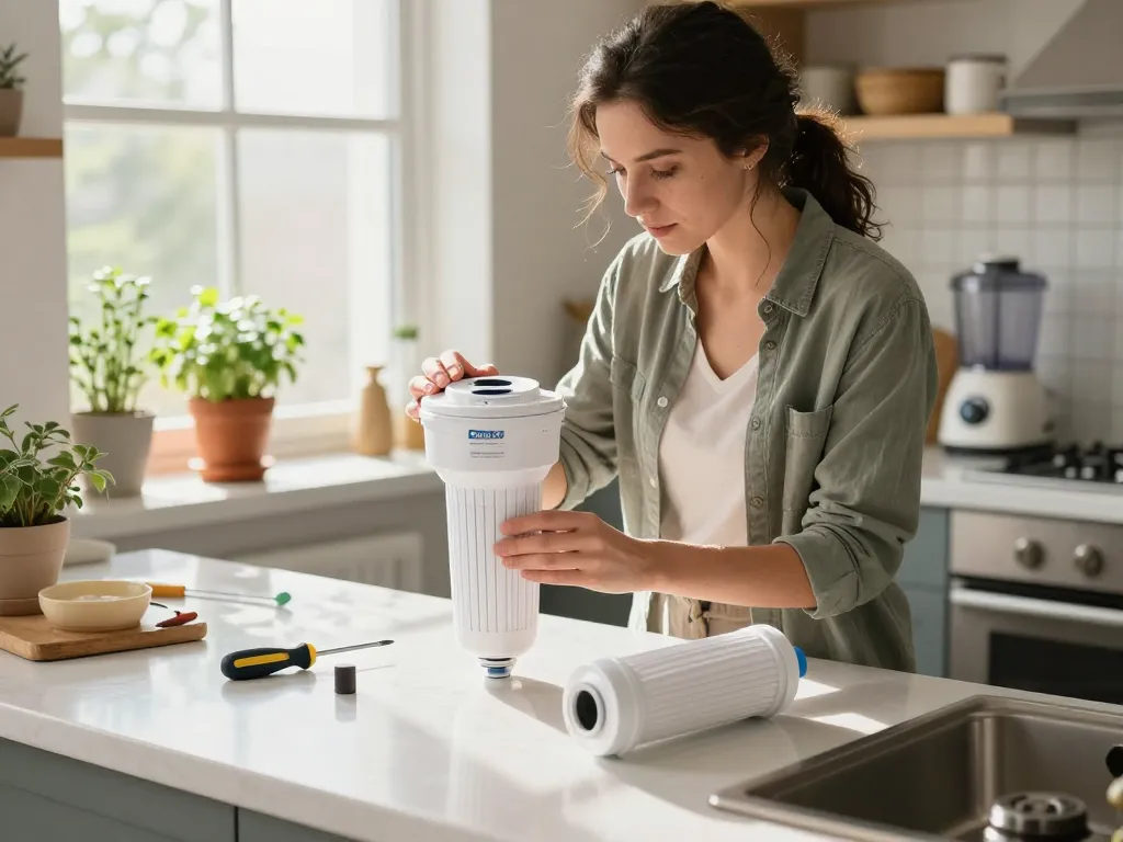 Replacing the Filterlogic ADQ73613401 Refrigerator Water Filter in a bright home kitchen setting.