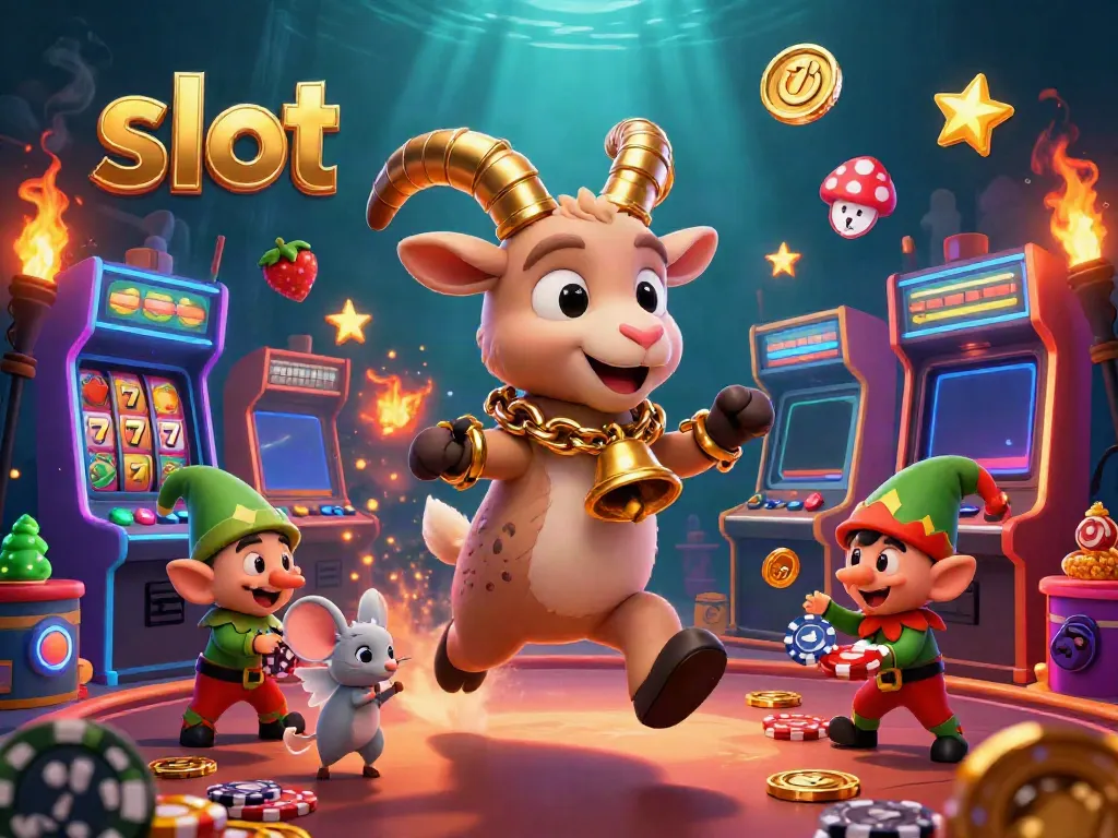 Experience thrilling slot action with festive characters in a lively casino scene!