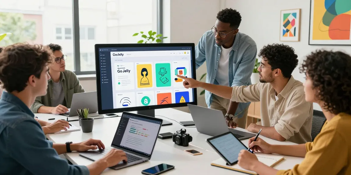 Team using GoJelly mixboard for creative collaboration in a modern workspace.