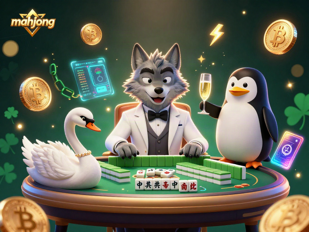 Play mahjong in a vibrant casino scene featuring a wolf, swan, and penguin.
