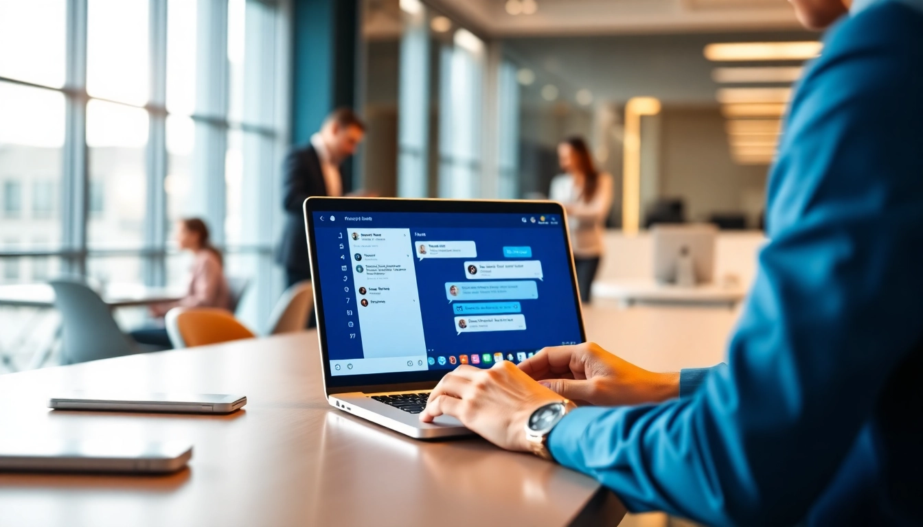 Engaging enterprise assistant experience with a digital interface in a modern office setting.
