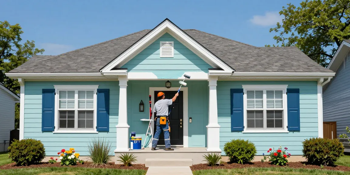 Exterior house painters Des Moines in action, painting a vibrant home with a beautiful garden and blue sky.