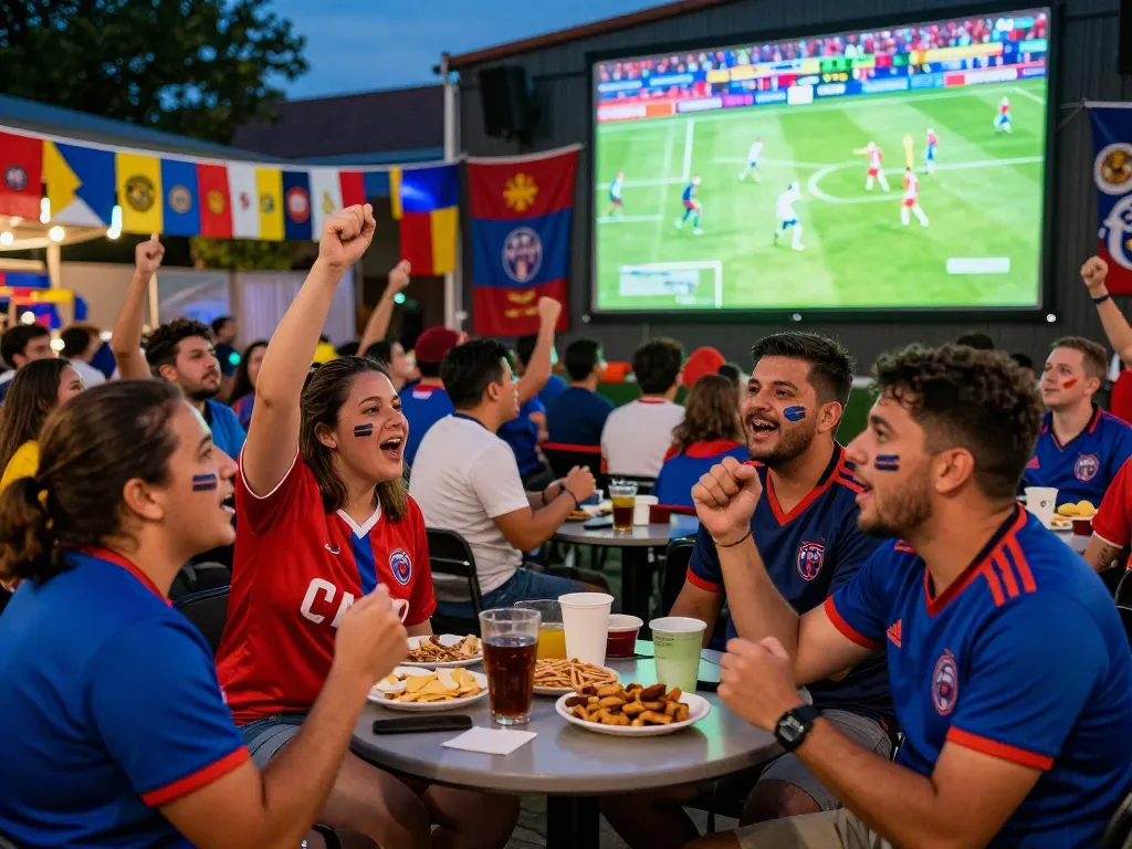 Cà khịa tv fans passionately enjoying a live football match in a vibrant fan zone.