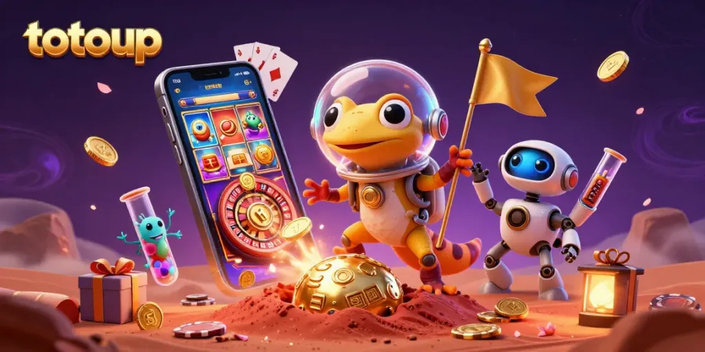 Join the adventure at the totoup casino on Mars with our cheerful gecko and cosmic elements!