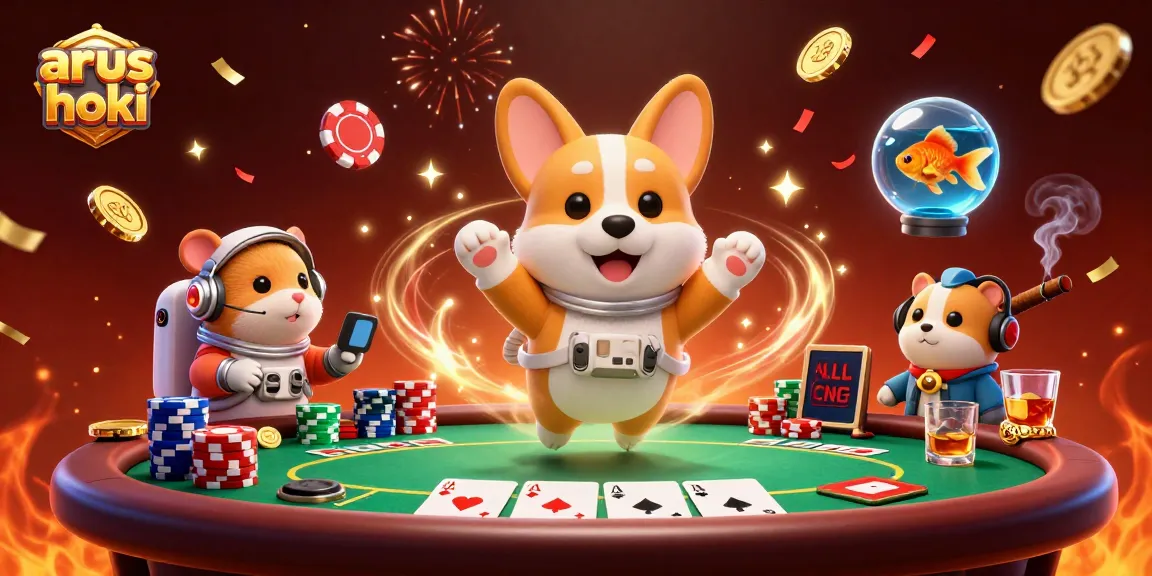Menangkan pengalaman arus hoki dengan astronaut corgi mengapung di kasino antariksa, dikelilingi chip poker.