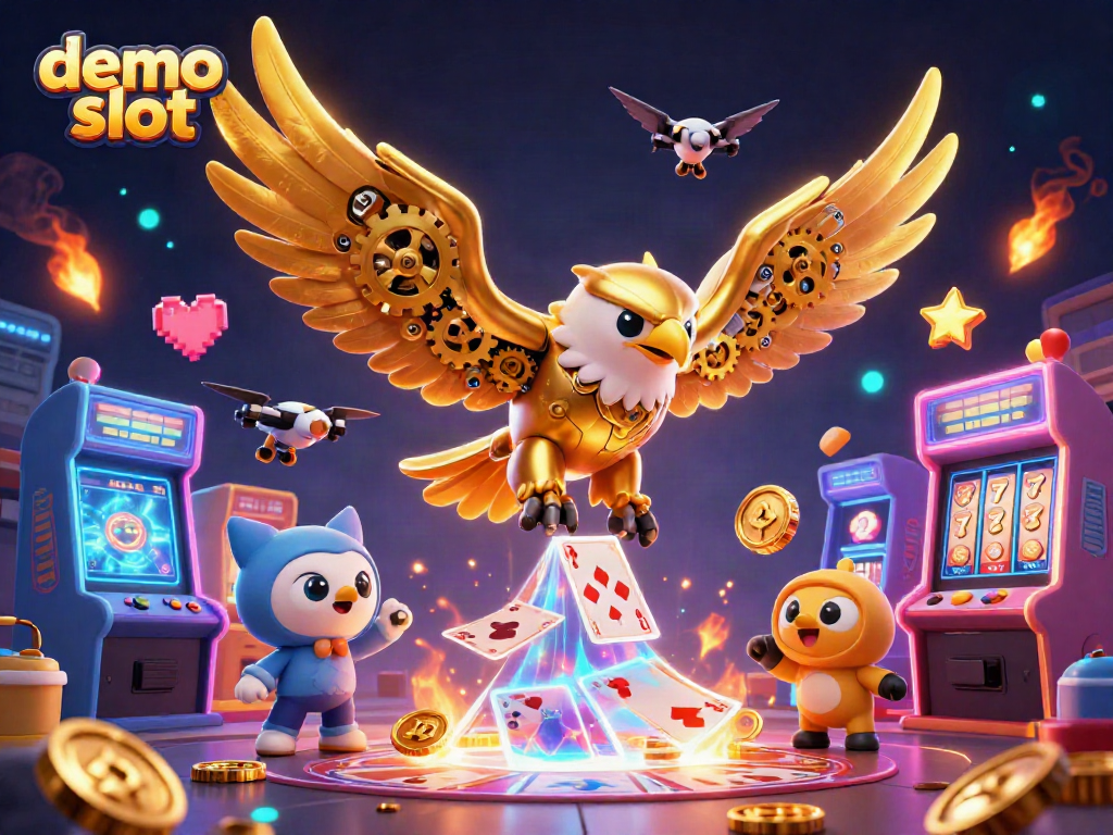 Experience excitement with demo slot gameplay featuring a mechanical golden eagle amidst vibrant casino elements.