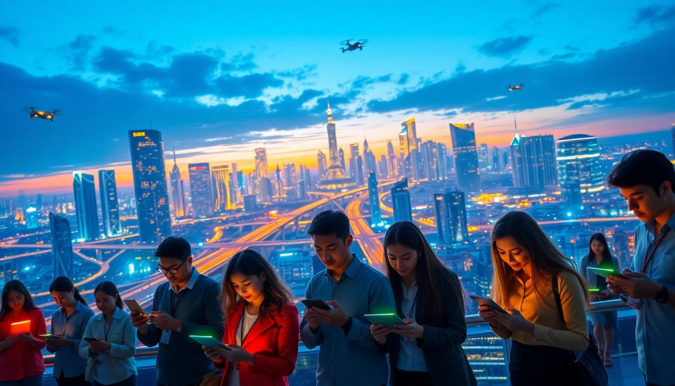 Showcasing technology, diverse individuals engage with devices against a futuristic smart city backdrop.
