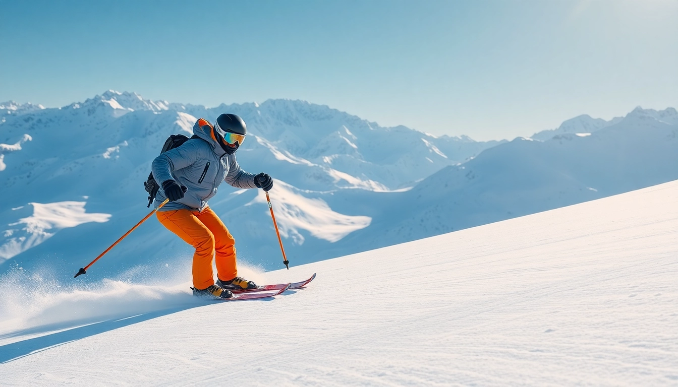 Experience Elan skis in action as a skier glides across the snowy alpine terrain.