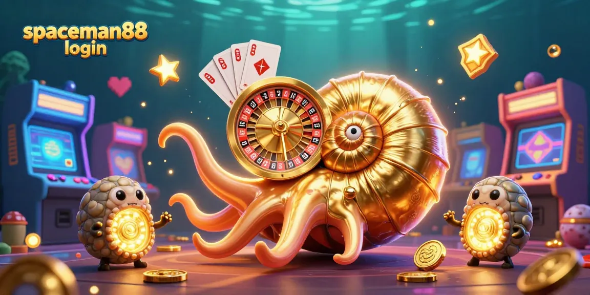 Experience the thrill of gaming with spaceman88 login, featuring a giant nautilus roulette, colorful arcade elements, and glowing ammonites.