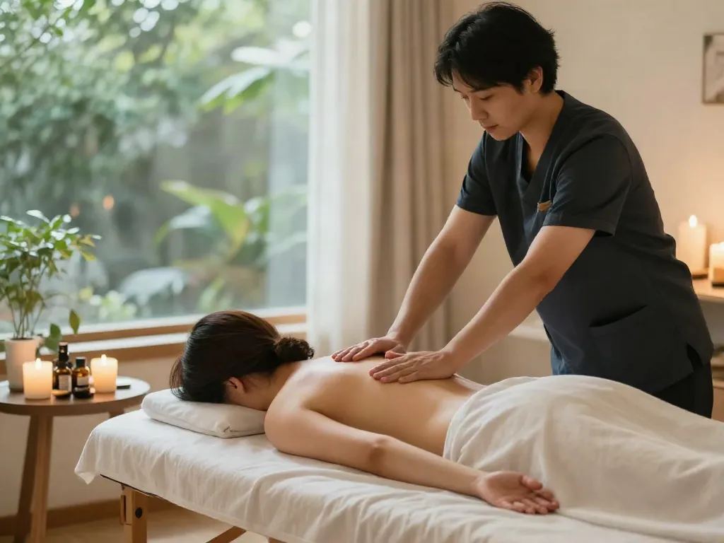 Calming 관악구출장마사지 session in a tranquil home spa setting with soothing elements.