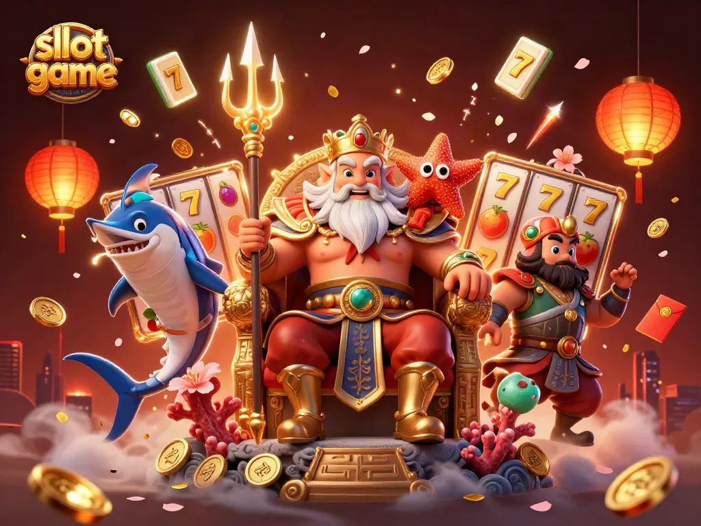 Spin slot game with sea king Neptune and vibrant casino elements in an ultra-detailed illustration.