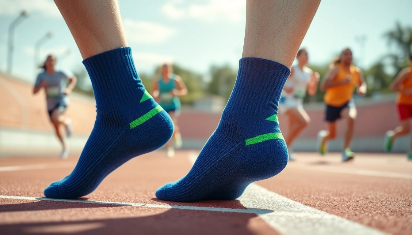 Shop for running socks with moisture-wicking technology and vibrant colors on a running track.