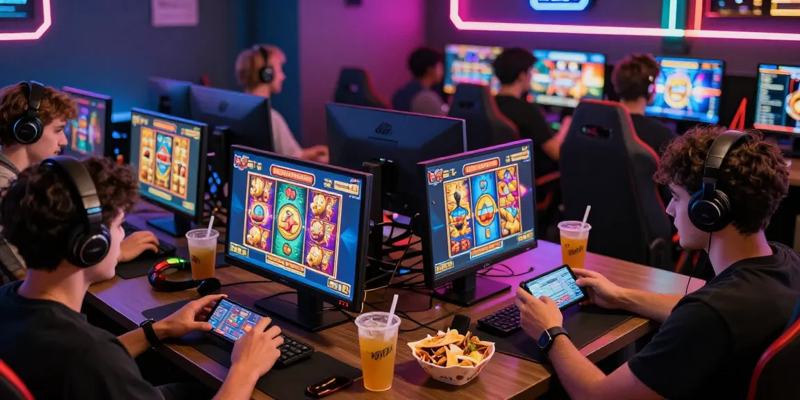 Players enjoying apk slot games in a vibrant gaming lounge atmosphere.