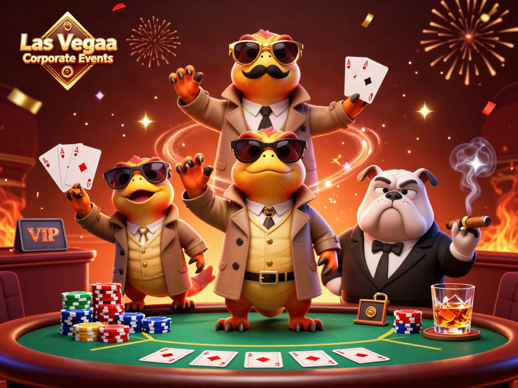 Engage in thrilling Las Vegas Corporate Events with raptors in a trench coat infiltrating a VIP casino scene.
