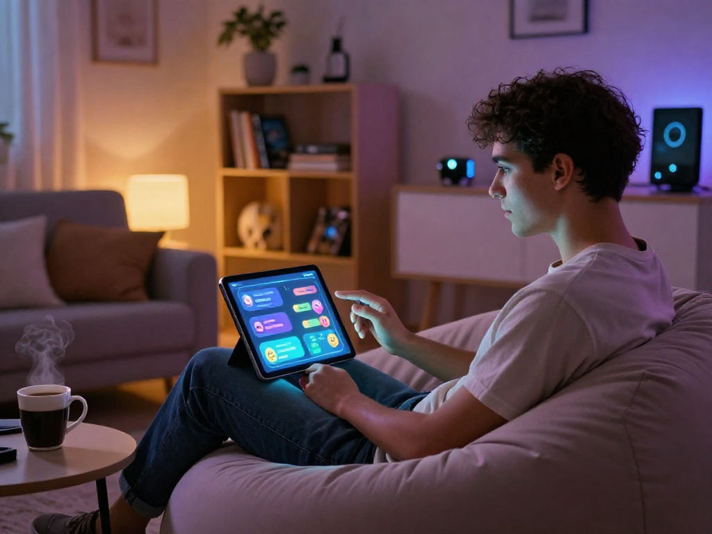 Engaging in a hentai ai chat on a cozy bean bag setup, showcasing AI interaction.