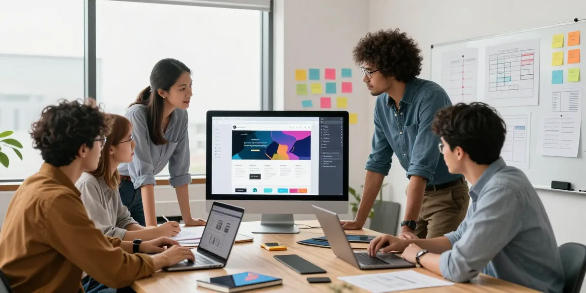 Collaborative team at Digital Nova Web Design Agency discussing innovative web design strategies in a modern office.