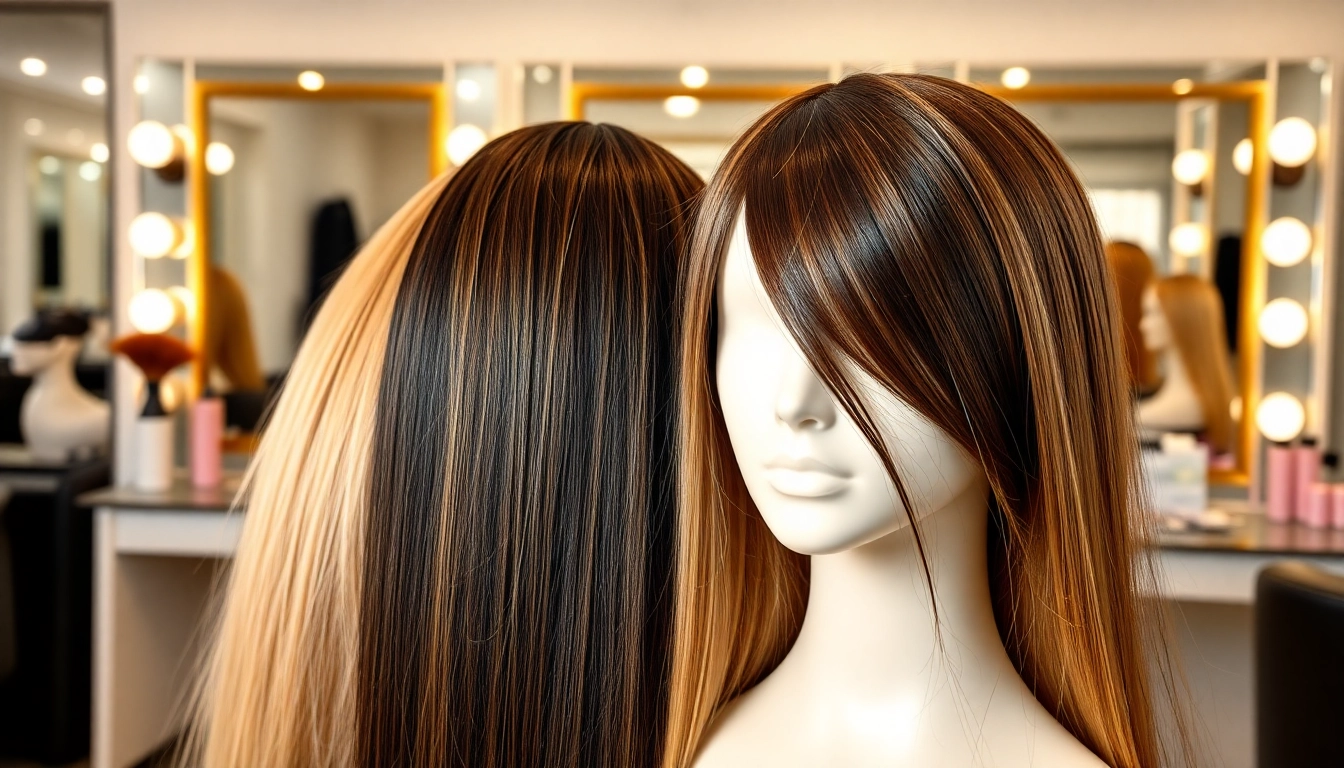 Sew in weft hair extensions showcased on a mannequin, highlighting various natural textures in a bright salon.