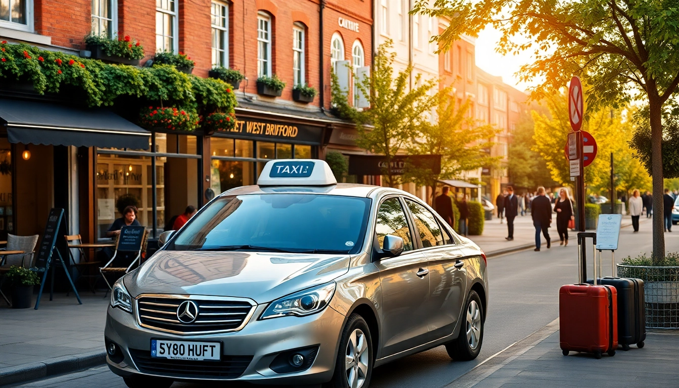 Book a West Bridgford Taxi outside a café in a vibrant urban environment.