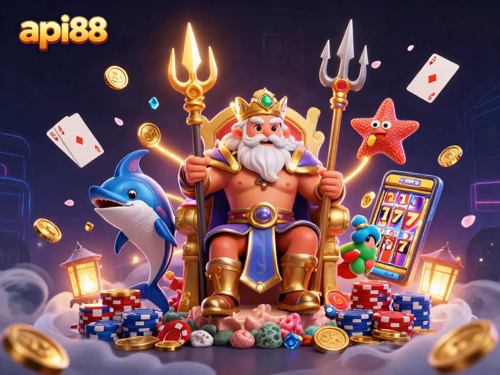 Experience thrilling gameplay with api88 featuring Neptune and treasures in a vibrant casino scene.