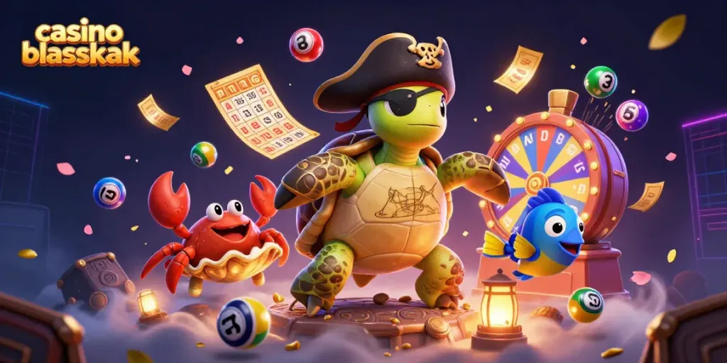 Juego dinámico de blackjack en casino con tortuga y cangrejo en un ambiente vibrante.
