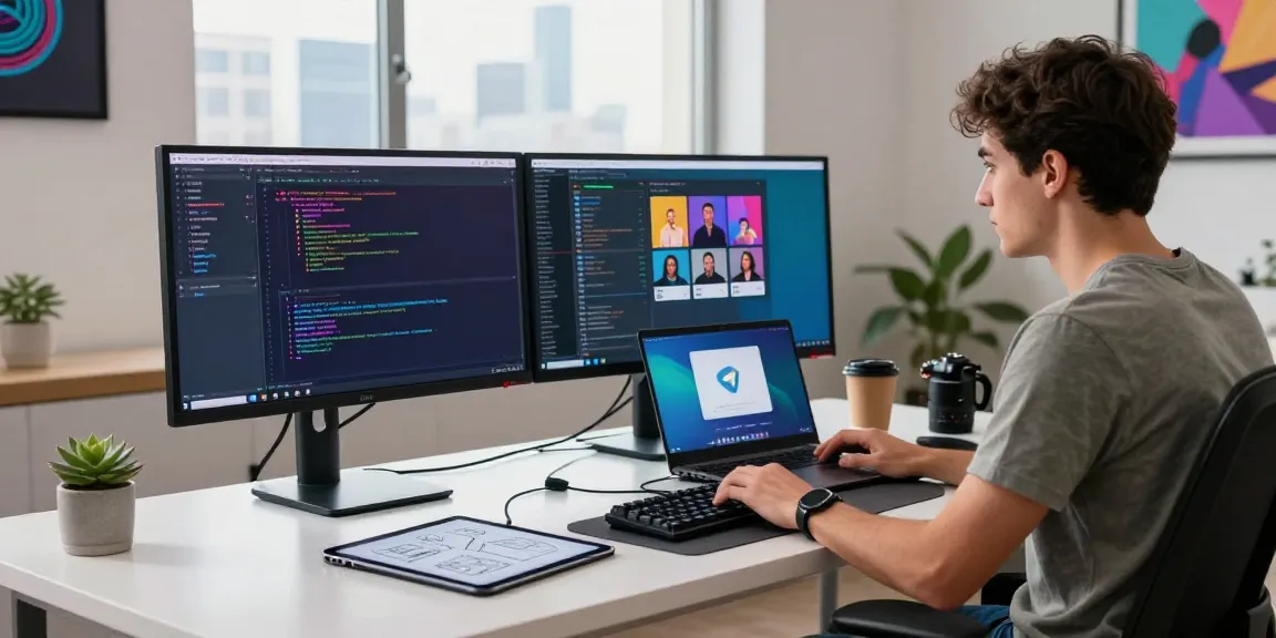 Developer using Telegram in vibrant digital workspace, showcasing 纸飞机中文版 messaging interface on dual monitors.