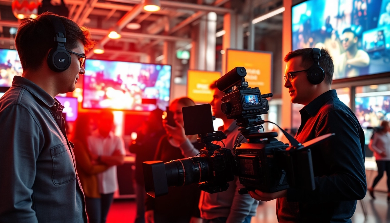 A professional team from Oronto video production company collaborating on a project in a vibrant setting.