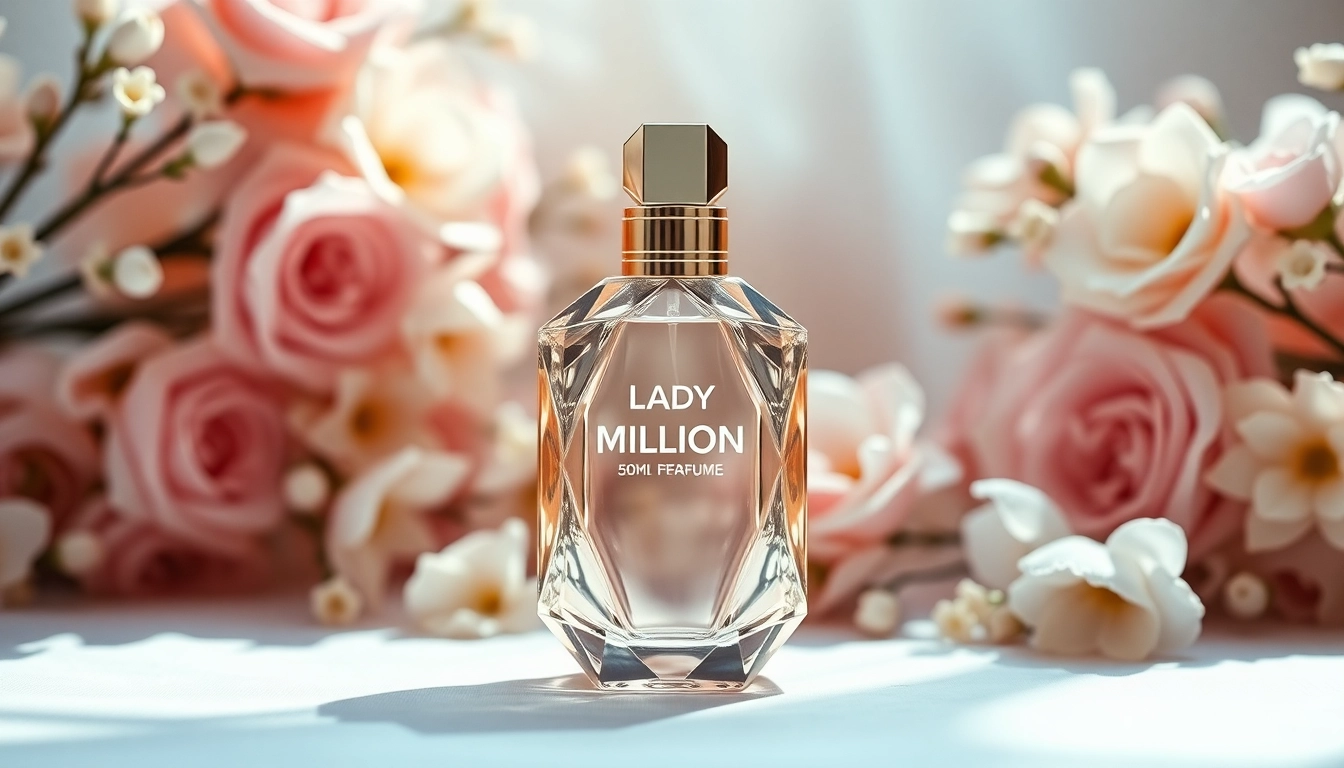 Lady million 50ml perfume bottle displayed elegantly among pastel florals, highlighting luxury.