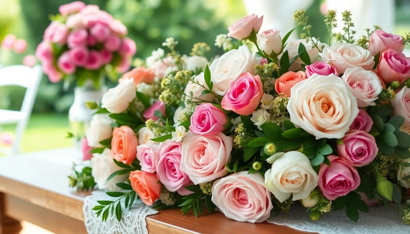 Arrange beautiful wedding flowers in a picturesque garden setting with vibrant colors and soft lighting.