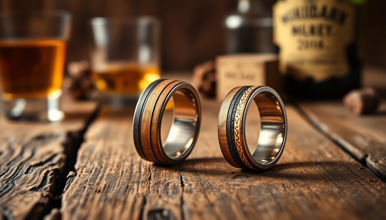 Exquisite Whiskey Barrel Wedding Bands showcasing unique wooden textures and bespoke designs.