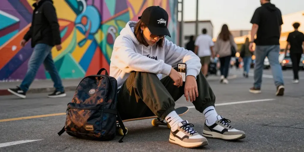 Stussy spreadsheet displayed on smartphone amidst trendy streetwear fashion scene.