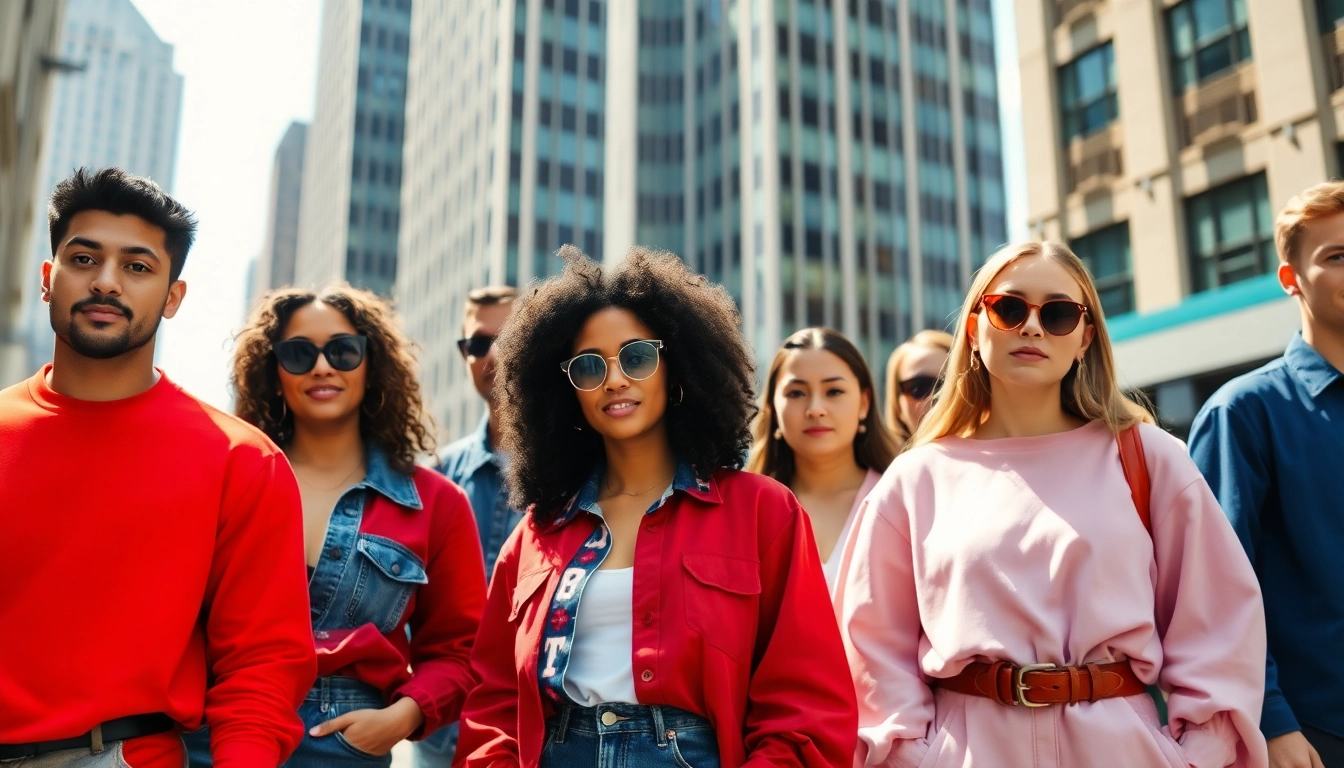 Showcase vibrant urban fashion showcasing diverse outfits in a lively city setting.