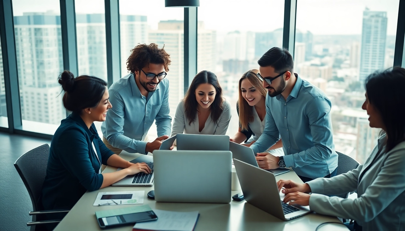Digital marketing company team collaboratively creating innovative strategies in a vibrant office.