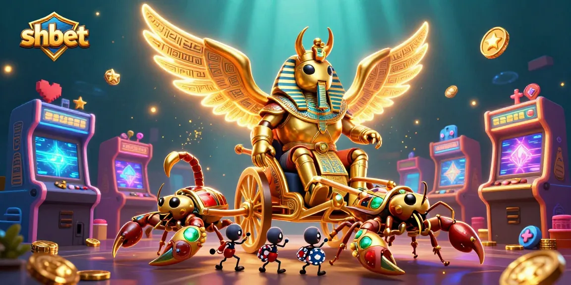 Engage with shbet’s thrilling gaming experience led by a colossal scarab beetle in a vibrant, detailed scene.
