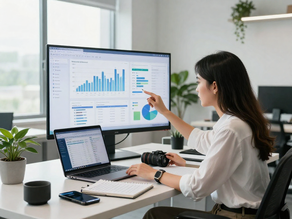 Woman analyzing debet financial data in modern office setting.
