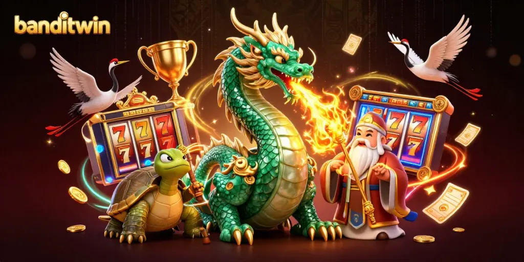 Bermain banditwin dengan naga zamrud besar dan simbol keberuntungan dalam ilustrasi kasino yang dinamis