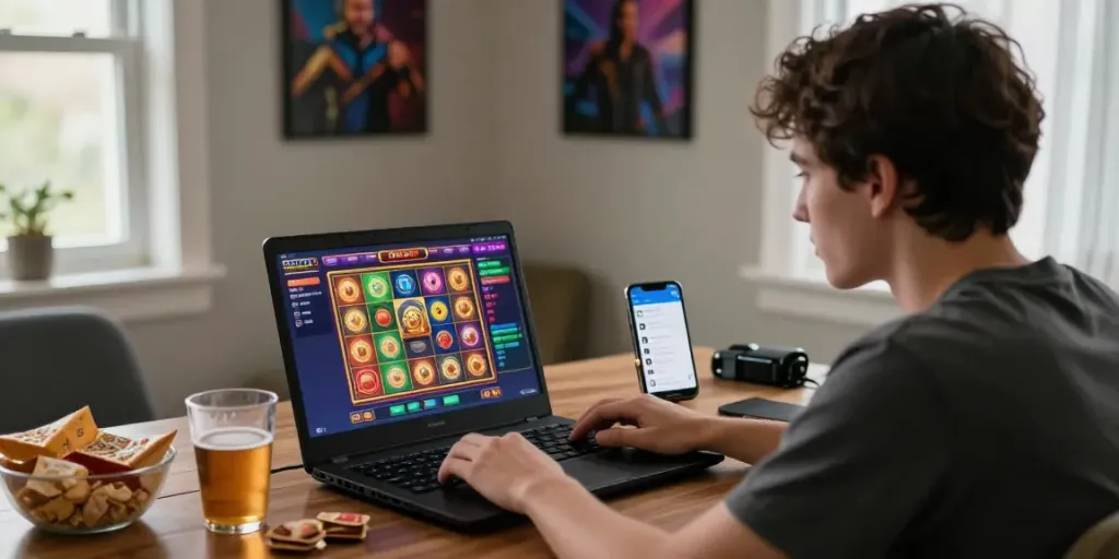 Player engaged with a slot resmi game on a laptop in a cozy environment, showcasing vibrant graphics and customer support.