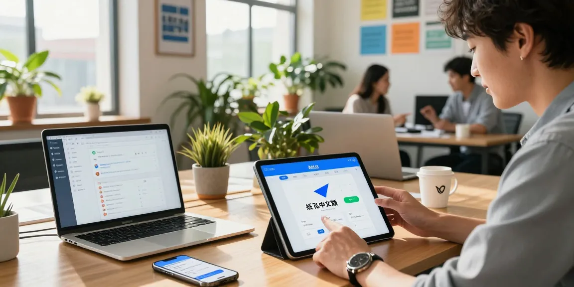 Engaging with 纸飞机中文版 app in a modern workspace with collaborative elements.