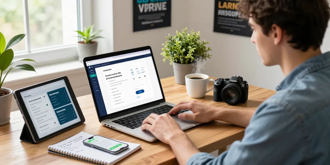 Analyzing the best free vpns in a modern home office setting with laptop and notes.