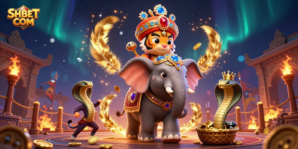 Experience the thrill of gaming with SHBET COM's vibrant illustration showcasing a majestic maharaja tiger, elephant, and cobra amidst a casino scene.