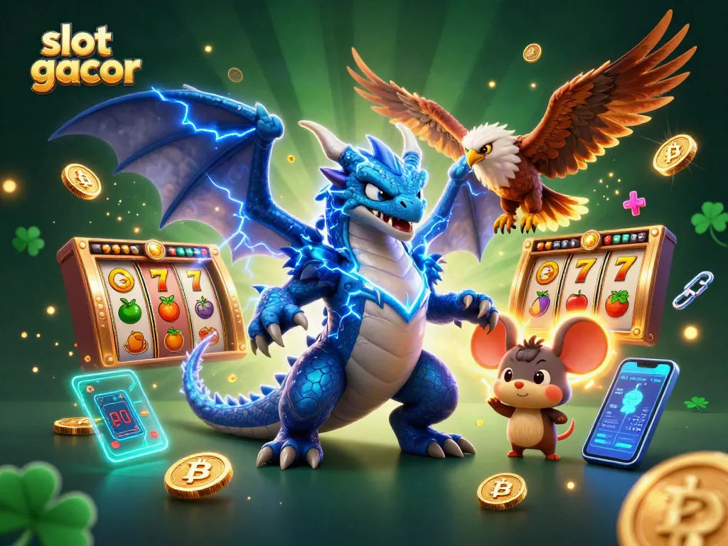 Experience the excitement of slot gacor with vibrant 3D dragons and crypto elements illuminating the scene